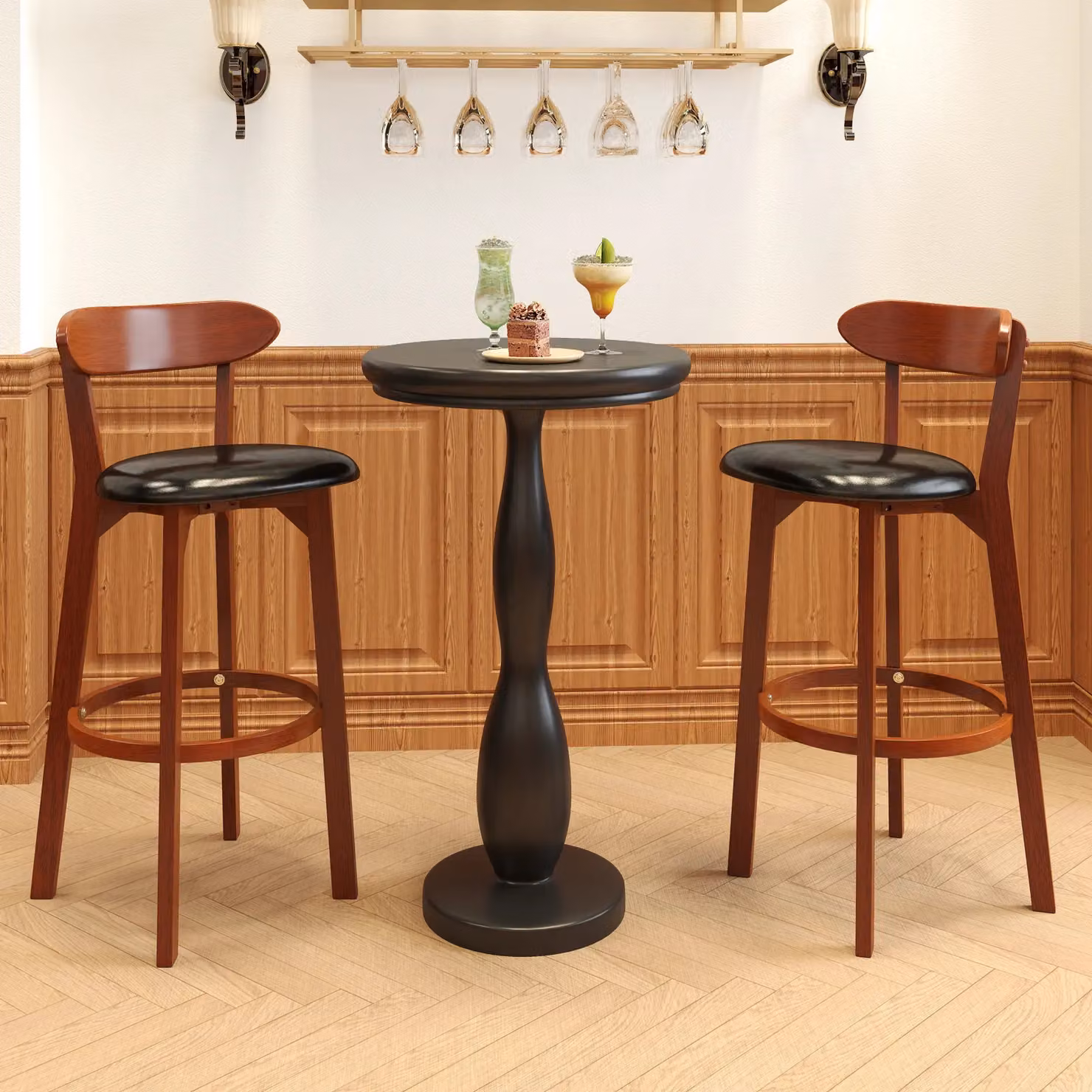 Gymax Set of 2 Modern Walnut Bar Stools with Curved Backrest and Synthetic Leather Seat, Seat Height: 77 cm – 3