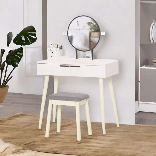 Pirlo Plush Dressing Table with Mirror and Cushioned Stool in White – 1
