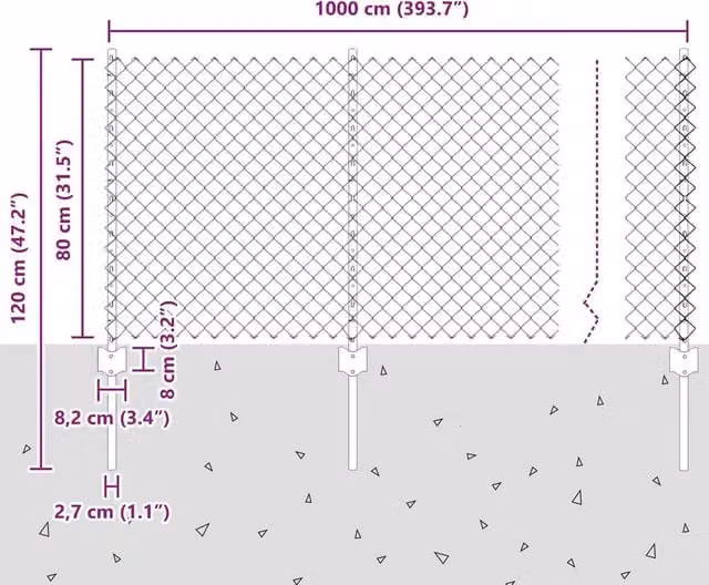 vidaXL Green Steel Chain Link Fence with 10 U-Profile Posts, W: 10 m, H: 0.8 m