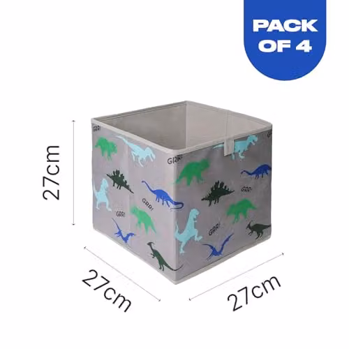 OHS Pack of 4 Foldable Dinosaur Print Childrens Storage Cube Organisers in Grey, Green and Blue, W/D/H: 27 x 27 x 27 cm – 4