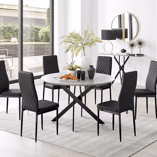 FurnitureboxUK Novara Grey Concrete Effect Round Dining Table and 6 Milan Black Leg Chairs Set – 1