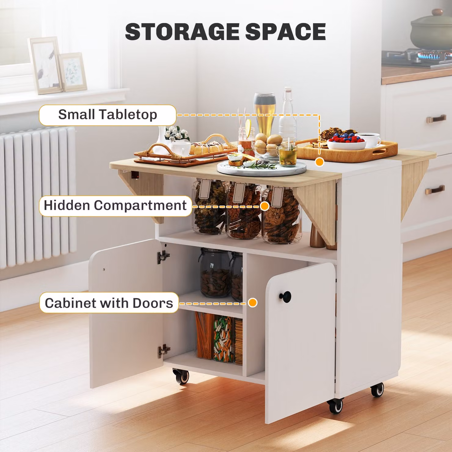 HOMCOM White Folding Dining Table with Drop Leaf, Hidden Shelf and Cabinet for Small Spaces – 4