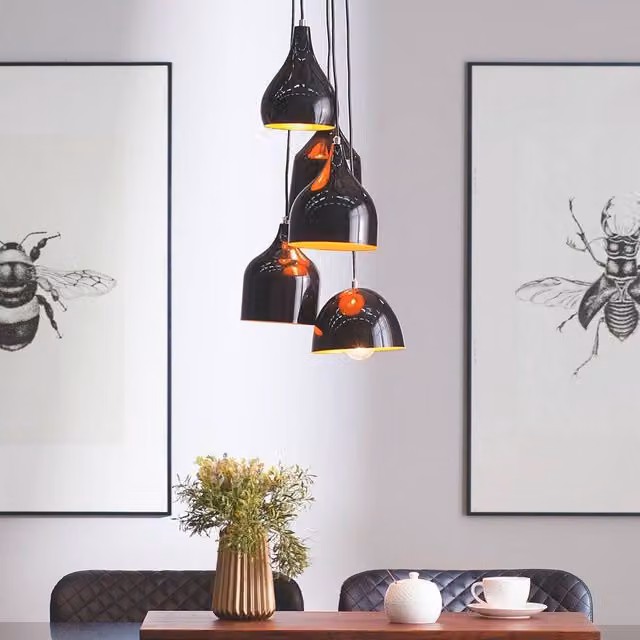 Wyld and Coco 5-Light Industrial Pendant Lamp in Black with Orange Interior