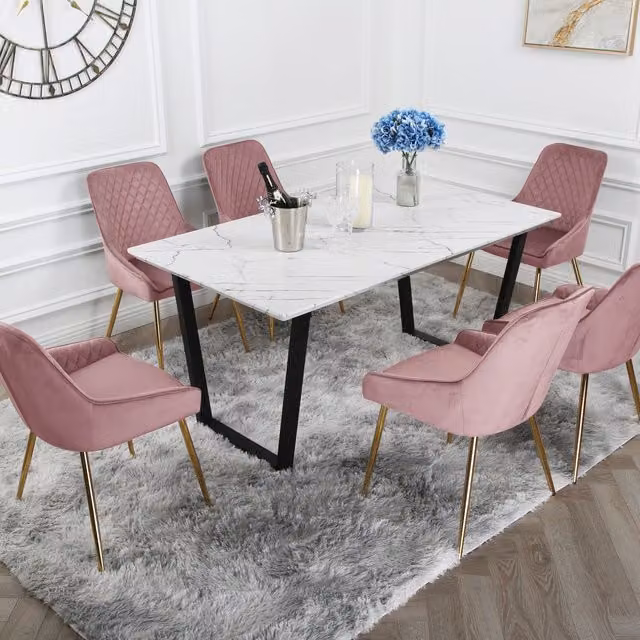 One Atlas Marble Dining Table with 6 Hamilton Velvet Chairs in Pink and Gold