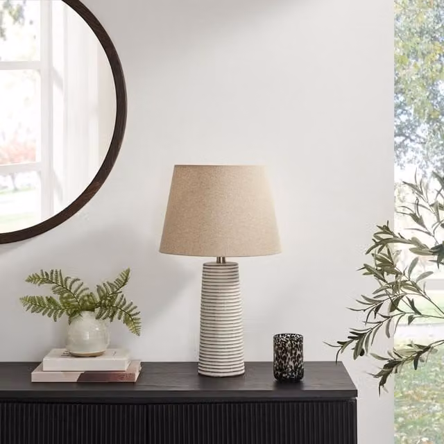 Furniturebox UK Agatha White and Grey Ceramic Table Lamp with Fabric Shade