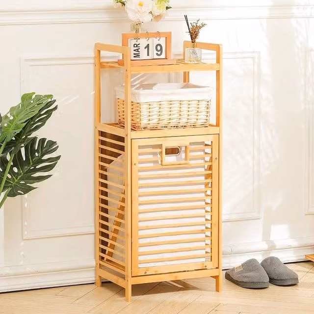 KORVIXA Bamboo Tilt-out Laundry Hamper with Oxford Fabric in Natural Beige and Brown, W/D/H: 100 x 100 x 100 cm