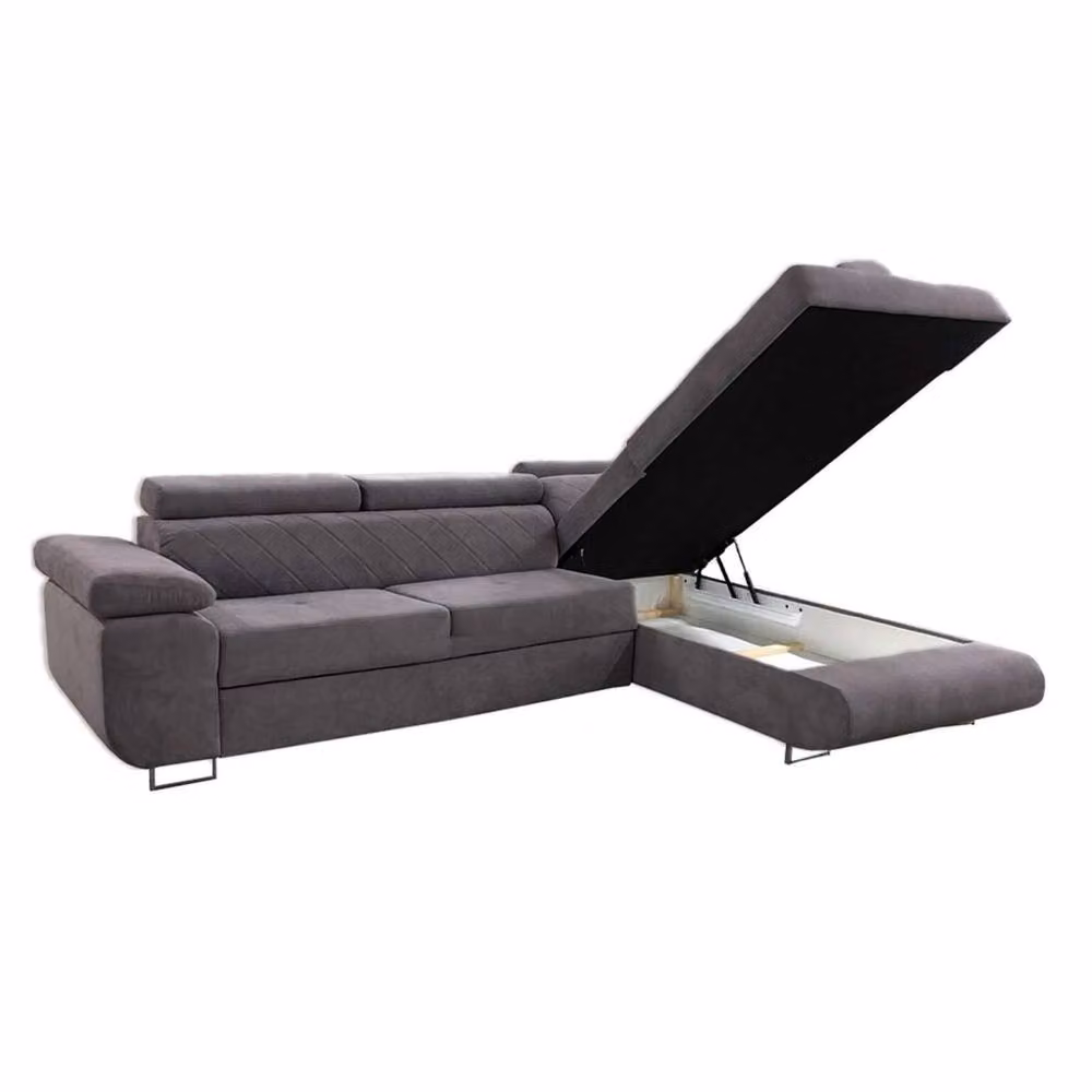 MN Furniture Modern Grey Plush Velvet 3 Seater L-Shape Corner Sofa Bed with Integrated Storage and Adjustable Headrests – 2