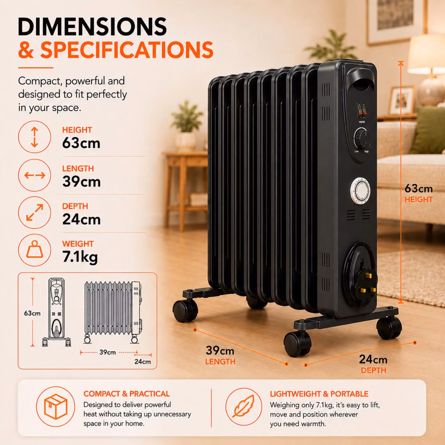 MYLEK 2kW Electric Oil Filled Radiator with Adjustable Thermostat and Timer in Black – 2