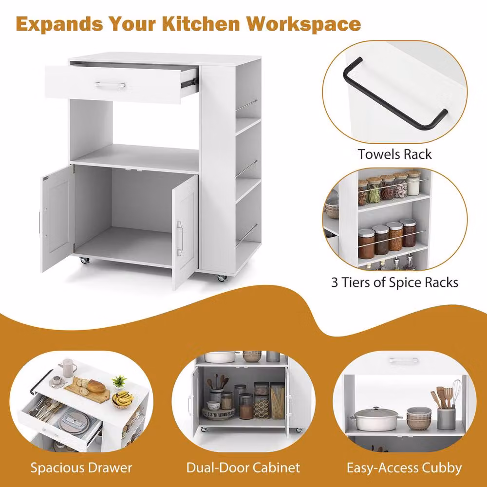 Costway Mobile Wooden Kitchen Island Cart with Cabinet and Spice Racks in White – 5