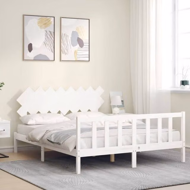 Berkfield Home Beautiful Bed Frame with Headboard in White Solid Pine Wood, W/D/H: 160 x 200 x 80.5 cm