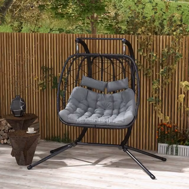 Outsunny Modern PE Rattan Hanging Swing Chair for 2 with Weatherproof Cushions, Black and Grey