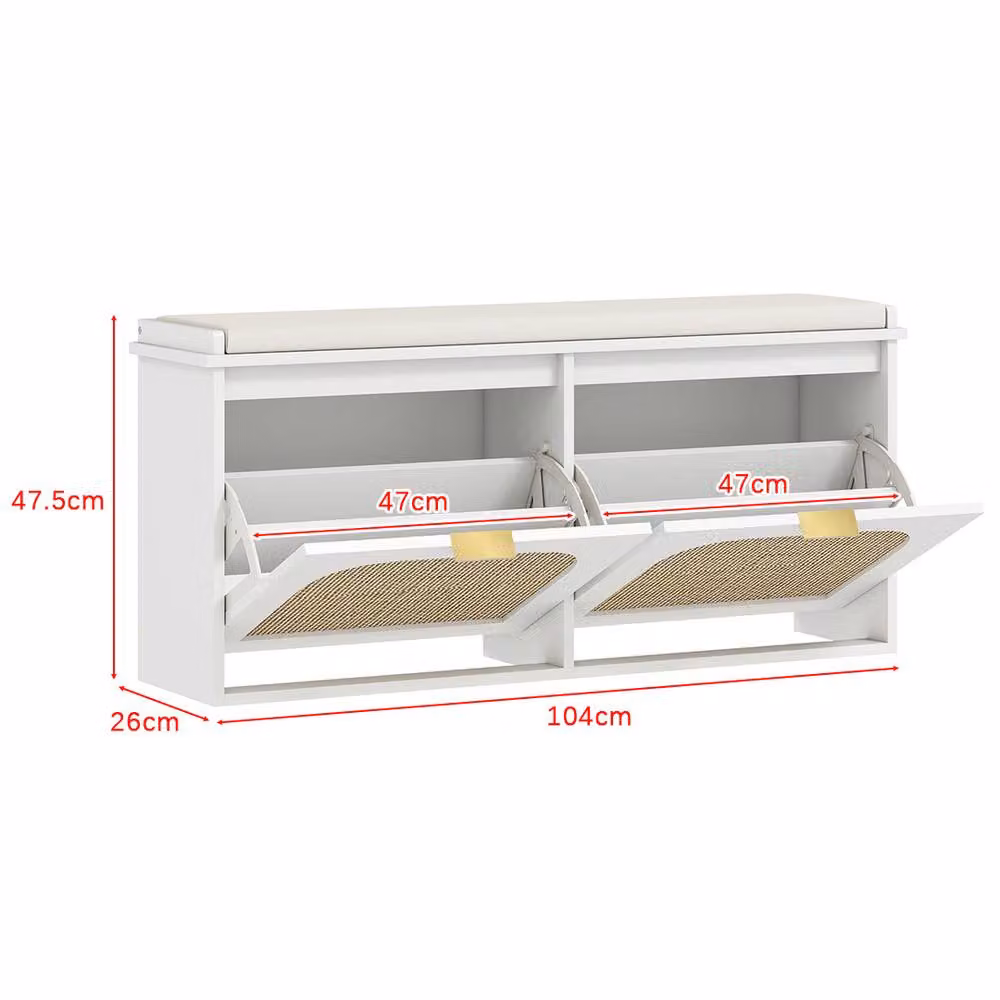 ERGOVEXA Boho Shoe Storage Bench with Padded Fabric Seat and 2 Flip Drawers in White – 2