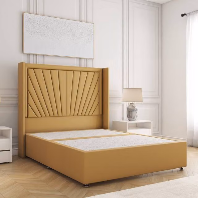 BSSPOKE Alina Small Double Divan Bed Frame with 54 inch Plush Velvet Headboard in Mustard Yellow