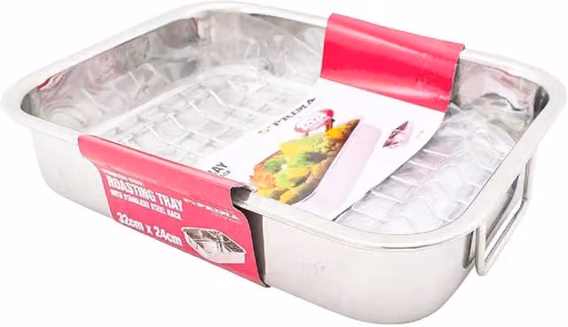 BARGAINS-GALORE Stainless Steel Non-Stick Rectangular Roasting Tray, Silver, W: 32 cm, D: 24 cm – 1