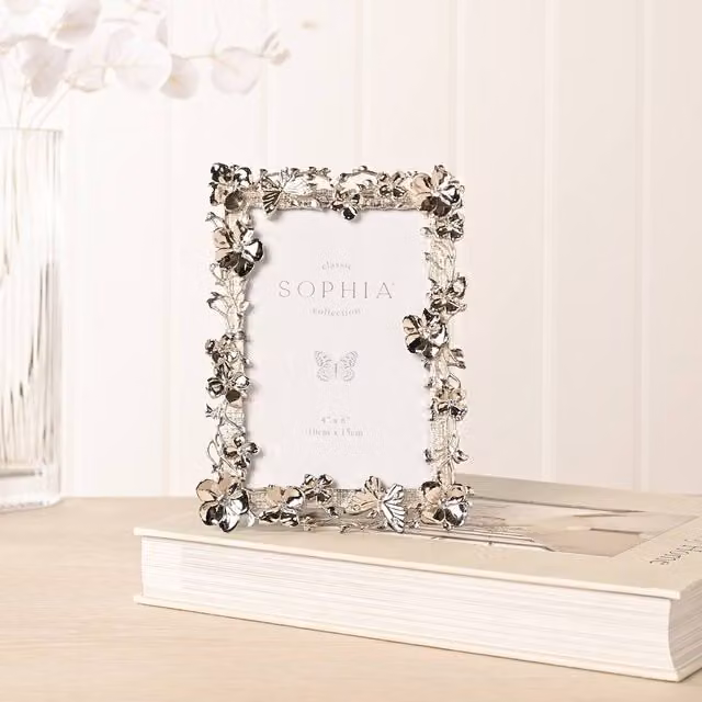 Sophia Floral Butterfly Silver Metal Single Rectangular Tabletop Photo Frame W: 10.16 cm, H: 15.24 cm, D: 1.0 cm – 1