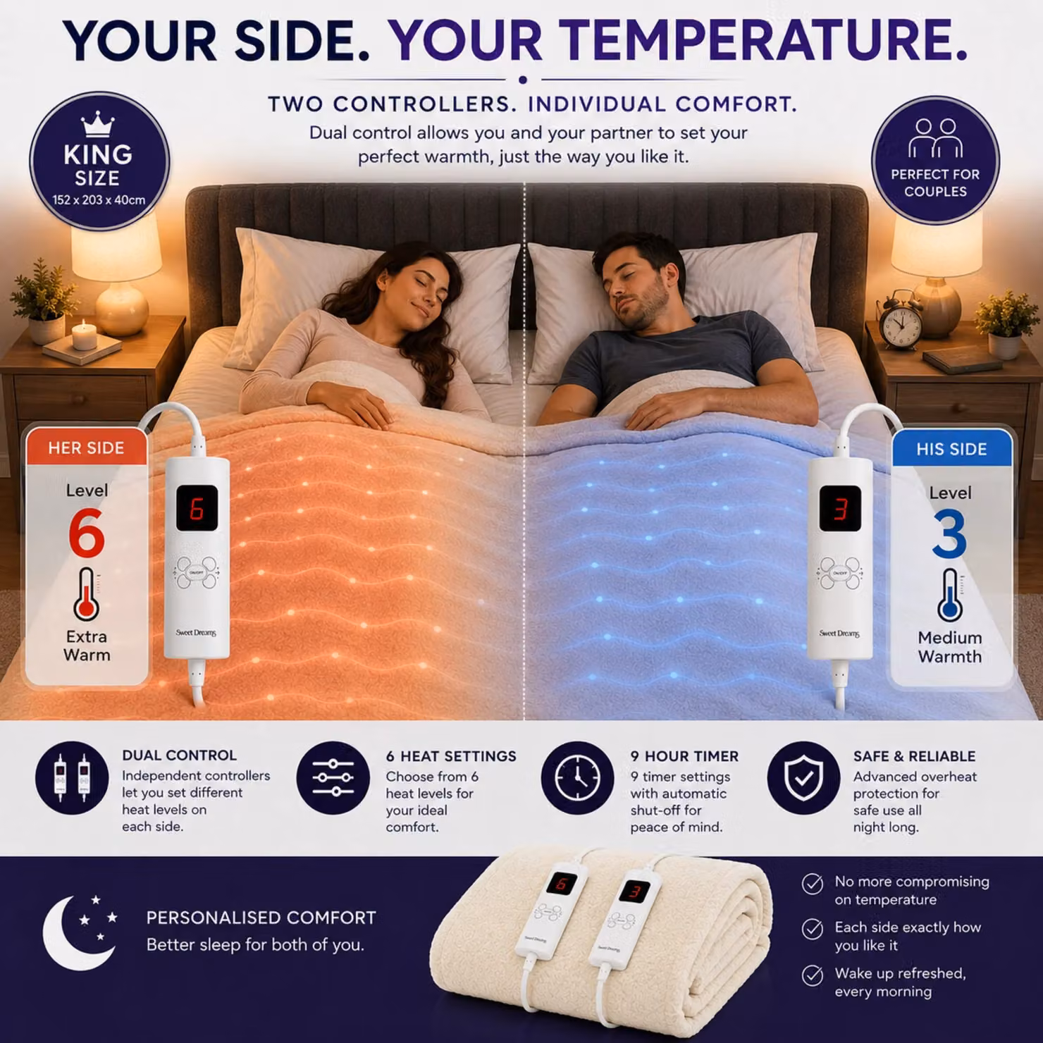 Sweet Dreams White Fleece Heated Fitted Mattress Cover, King Size, W/D/H: 180 x 200 cm – 4