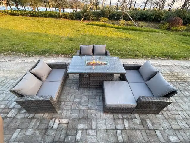Fimous 7 Seater Rattan Garden Dining Set with Gas Firepit Table and Double Seat Sofa in Dark Grey