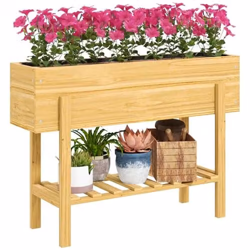 Outsunny Wooden Raised Garden Bed with Bed Liner and Storage Shelf, Brown, W: 100 cm, D: 30 cm, H: 71 cm – 1