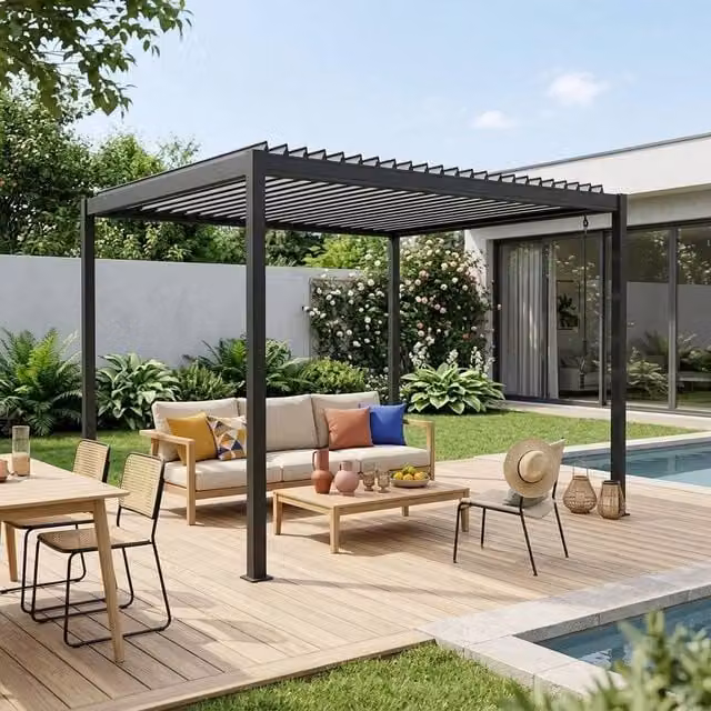 sweeek Louvered Pergola in Aluminium and Steel, Dark Grey, W: 300 cm, D: 303 cm, H: 234 cm – 1