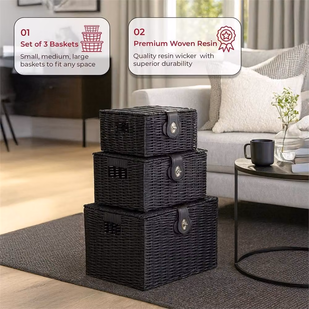Havendro Set of 3 Black Resin Wicker Open Weave Storage Baskets with Lids – 3
