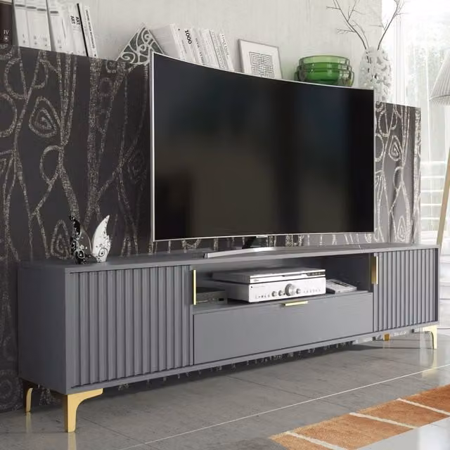 Creative Furniture Tide Crest Modern Fluted TV Unit in Gold, Grey or White, W: 200 cm, D: 35 cm, H: 50 cm