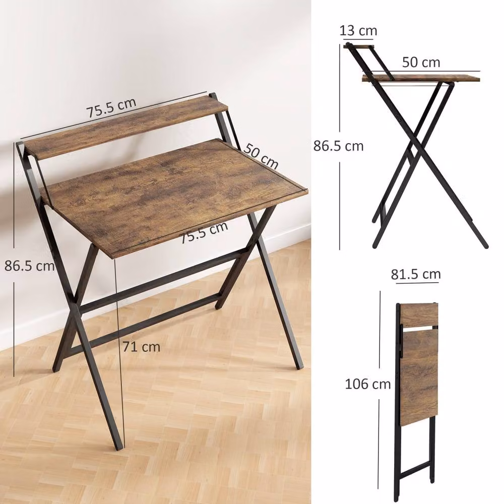 Wyld Haus Veeldi Folding Writing Desk in Rustic Brown with Raised Monitor Shelf – 3