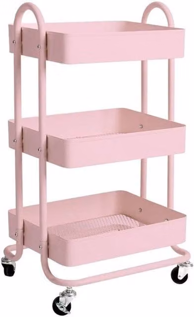 VOGREX Pink 3-Tier Metal Kitchen Trolley Storage Organiser Rack