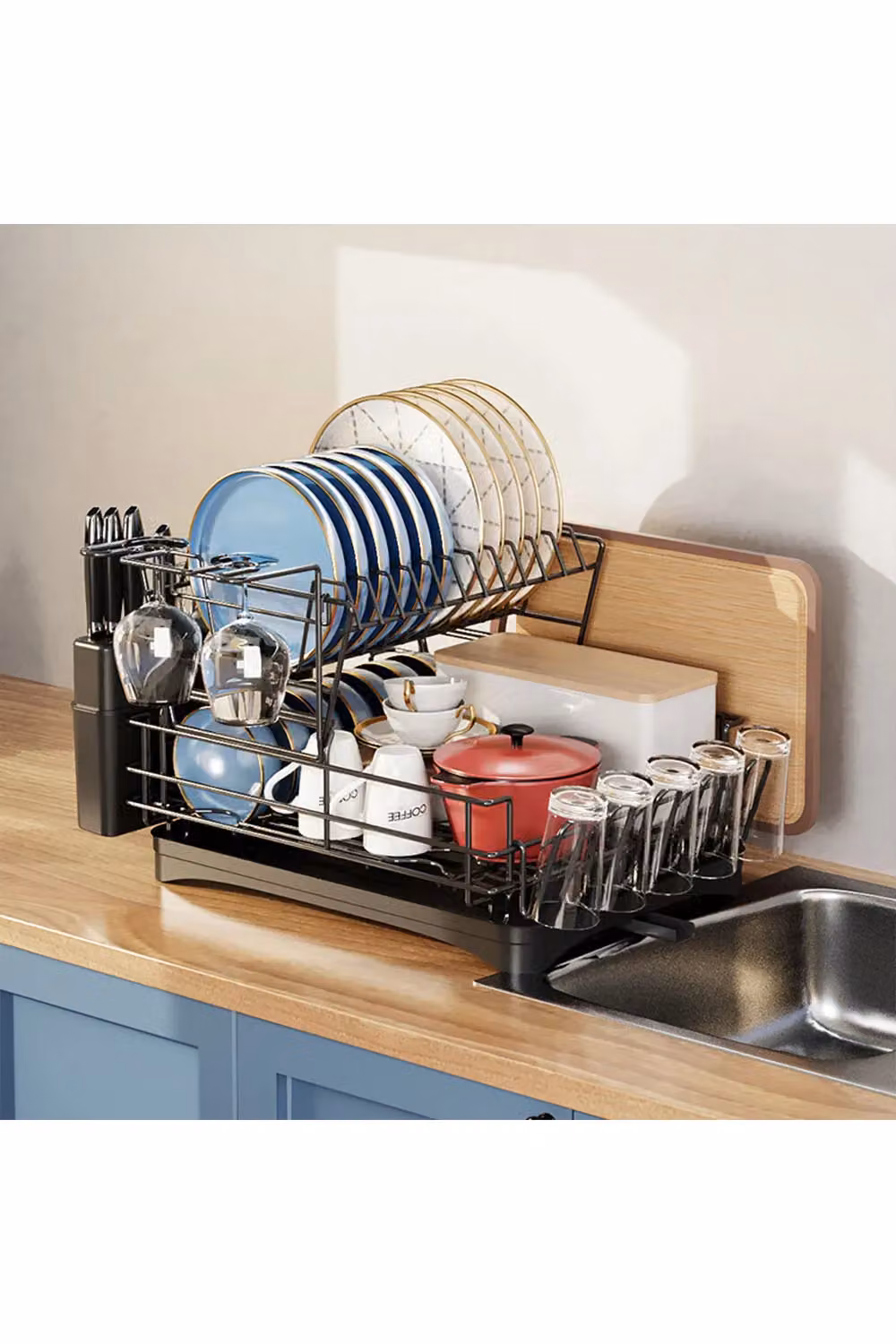 Living and Home 2-Tier Detachable Multifunctional Dish Drainer Rack with Cup Holder and Utensil Holder, Black – 2