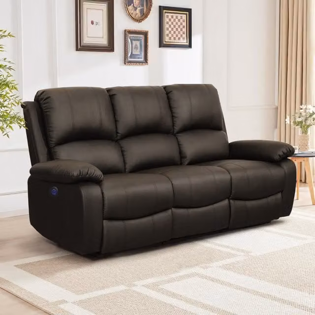 Comfy Living 3 Piece Electric Recliner Sofa Set in Brown Synthetic Leather