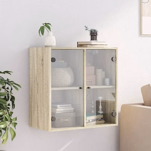Berkfield Home Wall Cabinet with Glass Doors in Sonoma Oak, W/D/H: 68 x 37 x 68.5 cm