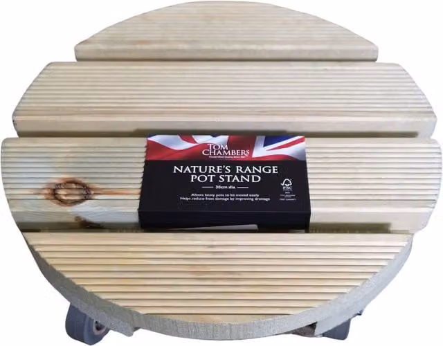 Tom Chambers Heavy Duty Round Wood Pot Stand Caddy in Natural Beige