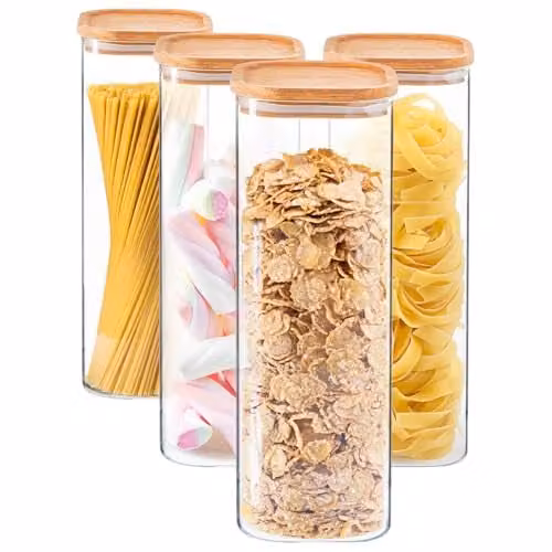 Argon Tableware 4 Pack Square Glass Storage Jars with Airtight Wooden Lids, 2.2 l, Transparent