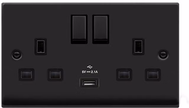 SE HOME Black 2 Gang 13A DP Ingot 1 USB Twin Double Switched Surface Plug Socket