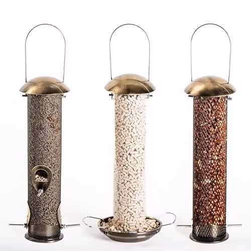 Happy Beaks Supreme Bird Feeder Collection, Set of 3 Gold Metal Hanging Garden Feeders for Seed, Peanut and Mealworm