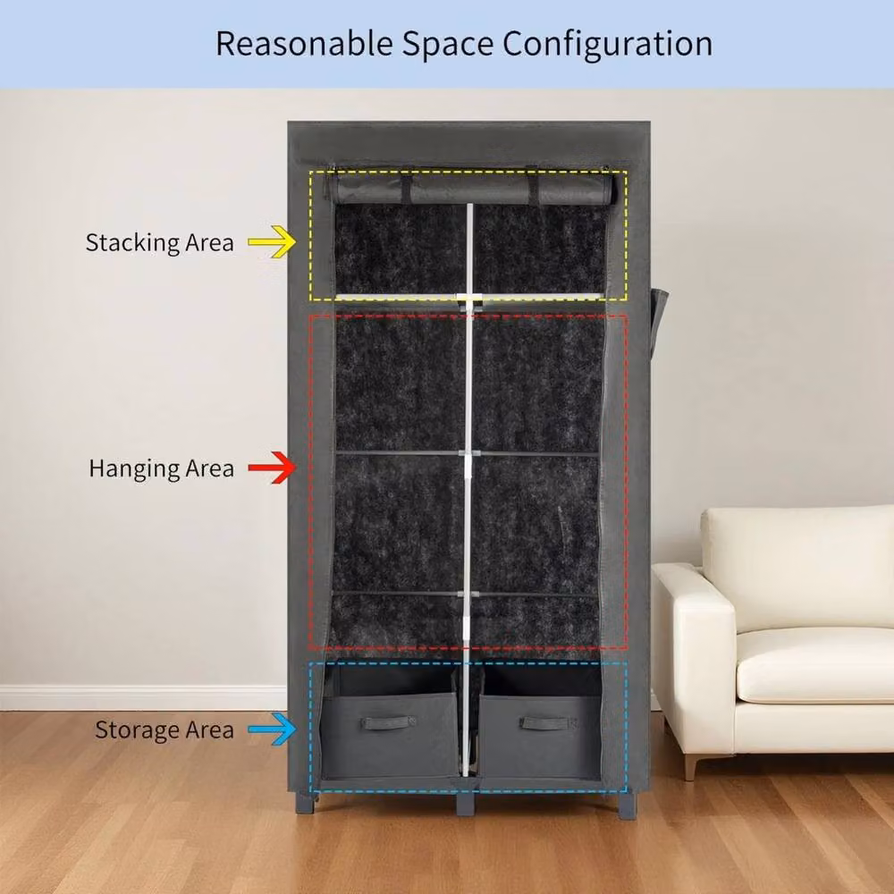 EONLION Black and Grey Portable Fabric Wardrobe Storage Organiser with Internal Shelves and Hanging Rod, Width: 100 cm – 3