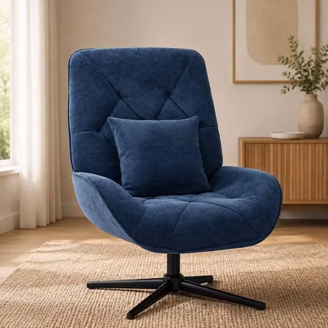 STILVORA Blue Fabric Swivel Accent Chair with Armrests and Integrated Lumbar Support