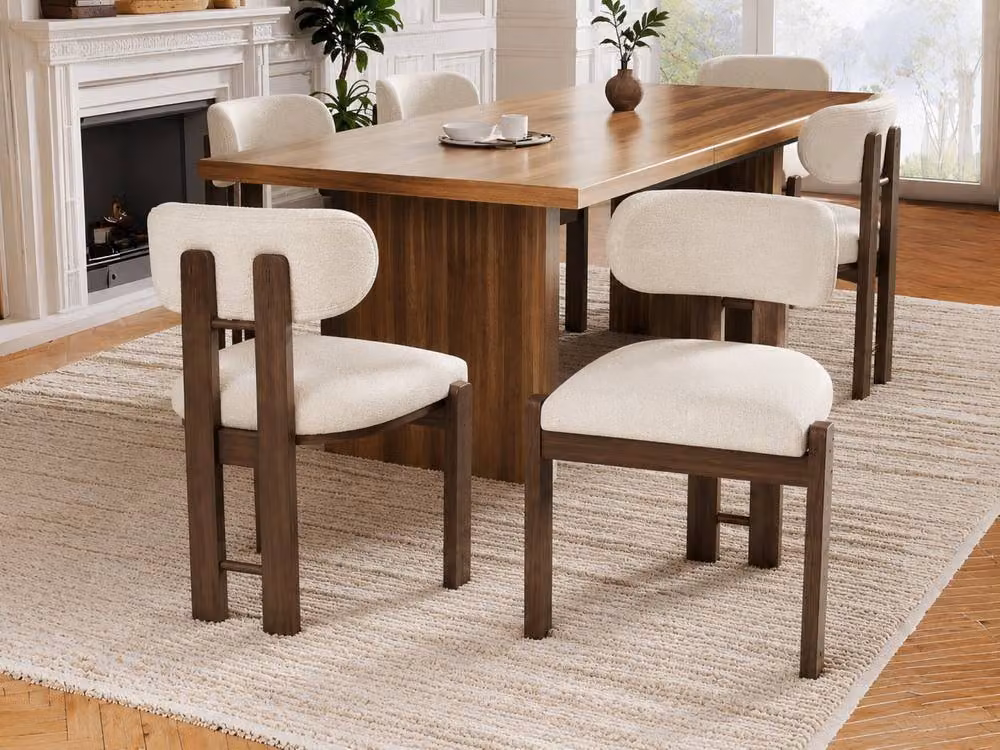 Matteo Boucle Upholstered Dining Chairs with Solid Walnut Wood Frame, Set of 2, Beige and Brown – 4