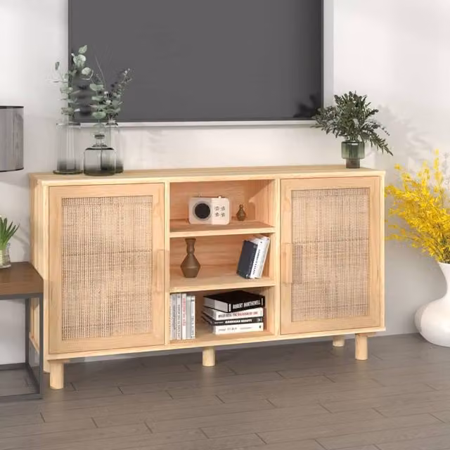 Berkfield Home Brown Solid Wood Pine and Natural Rattan Sideboard, W/D/H: 105 x 30 x 60 cm – 1
