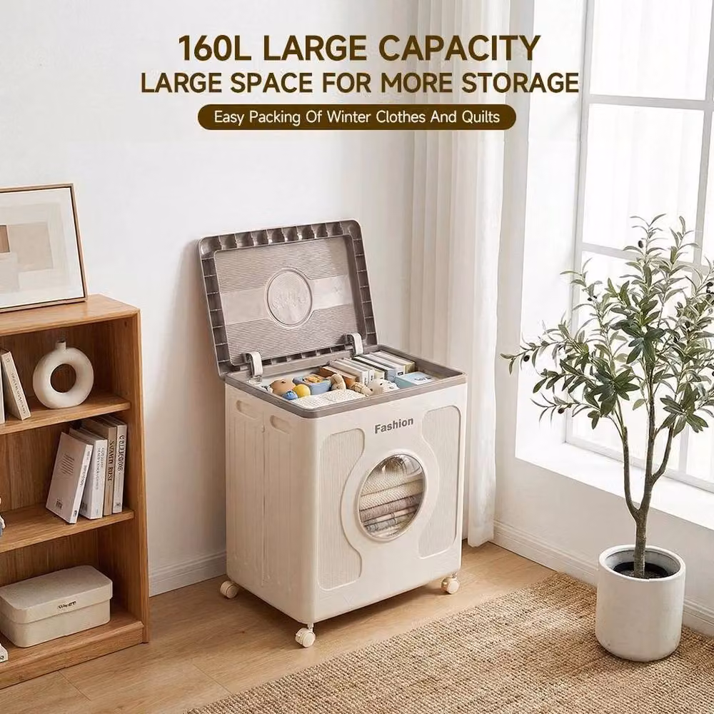 NESTLUNE Large 160L Foldable Plastic Clothes Storage Box with Lid and Wheels, Beige – 3