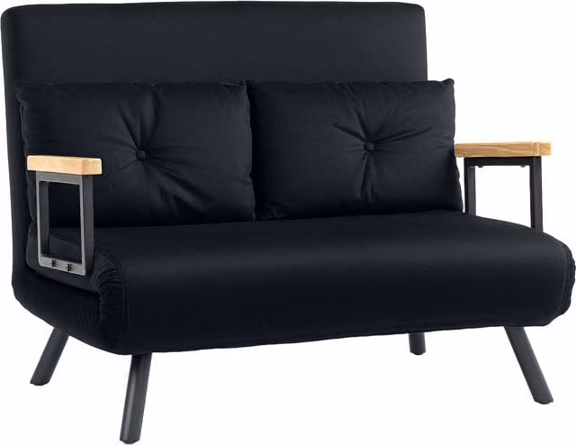 HOMCOM Convertible Double Sofa Bed in Black Velvet Fabric with Wooden Armrests and 2 Pillows, 140 x 200 cm