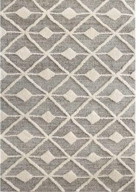 Kukoon Grey and Cream Diamond Loop and Tufted Shaggy Rug, W: 160 cm, D: 230 cm