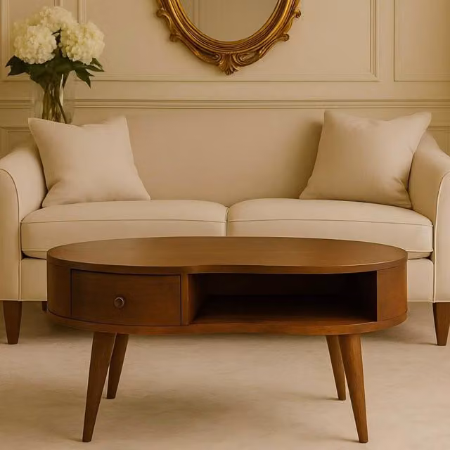 STILVORA Mango Wood Oval Coffee Table with Drawer in Brown – 1