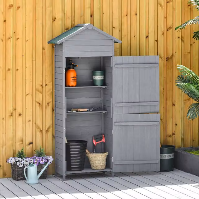 Outsunny Grey Wooden Garden Storage Shed with Gable Roof and Internal Shelves