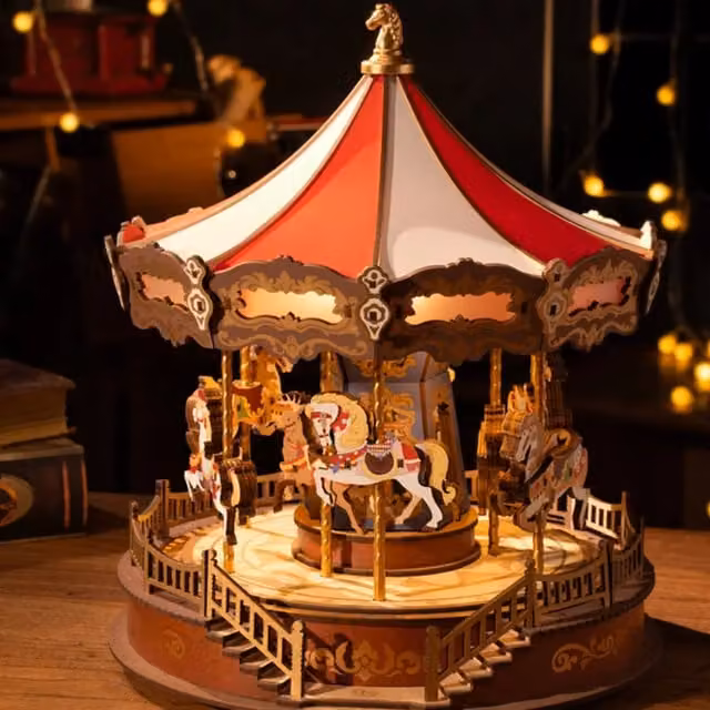 Syntego Classic Carousel 3D Moveable Wooden Music Box Model Kit in Brown, Red and Multicolour