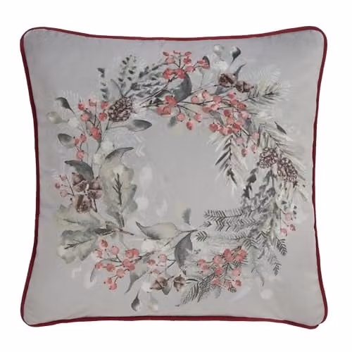 Dreams & Drapes Winter Sprigs Christmas Wreath Velvet Filled Cushion, Green and Red, W/D/H: 43 x 43 x 43 cm – 2