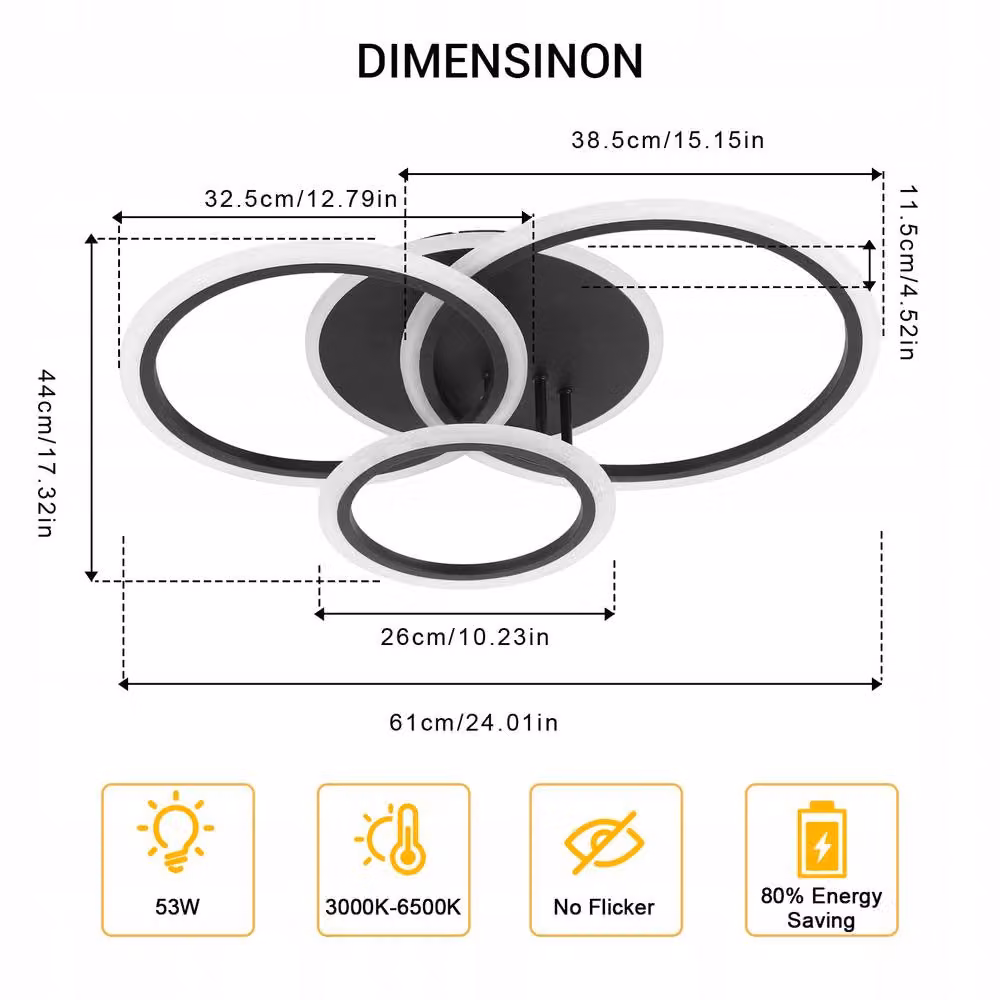 COMELY Modern Dimmable LED Ring Ceiling Light, Black, Diameter: 61 cm – 2