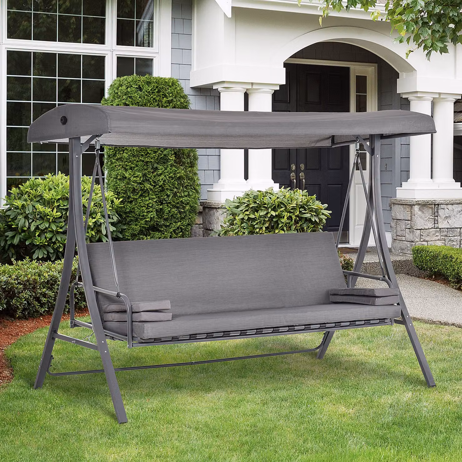 Outsunny 2-in-1 Outdoor Patio Swing Chair and Garden Bench Lounger with Adjustable Canopy and Cushions, Grey – 2