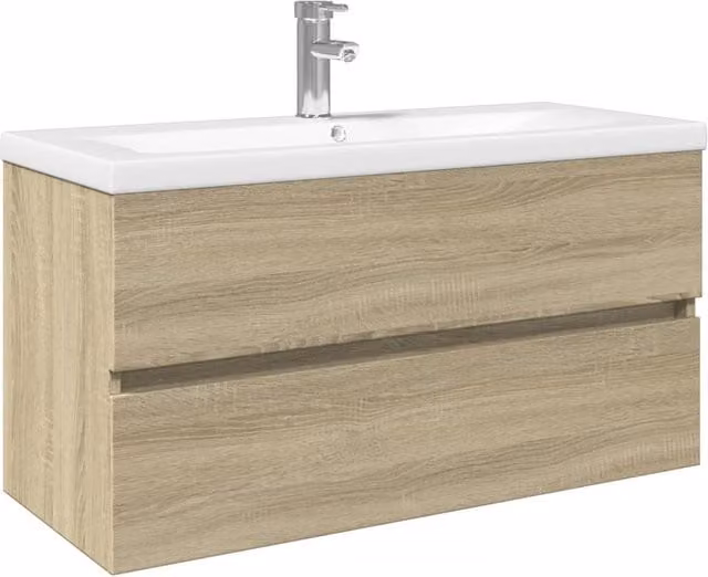Berkfield Home 2 Piece Modern Wall Mounted Bathroom Furniture Set in Beige with Ceramic and MDF