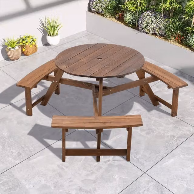 Livingandhome Round Rustic Treated Hardwood Picnic Table and Built-in Garden Bench Set for 6 People in Brown and Grey