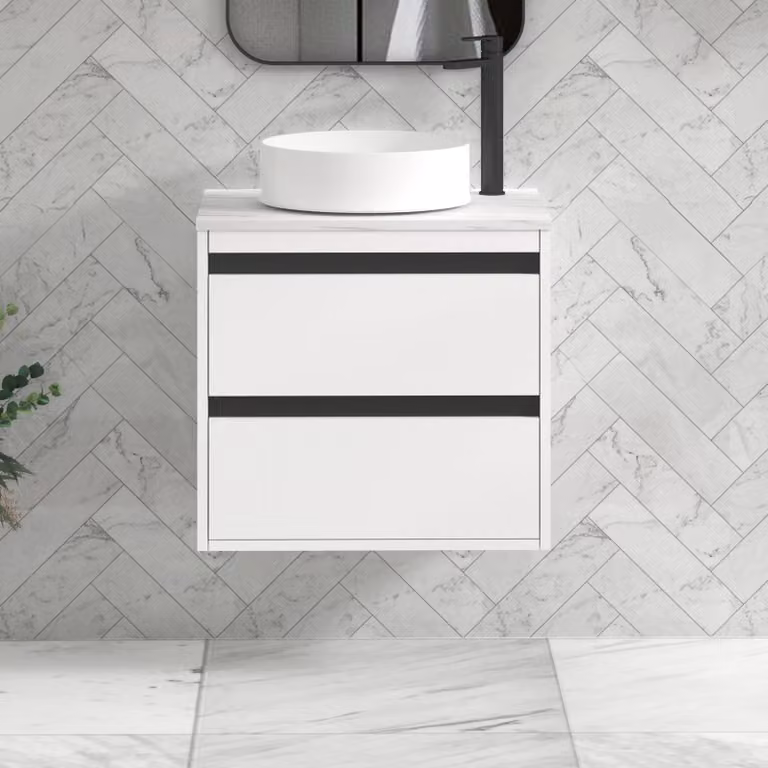 Royal Bathrooms Orion 600mm Matt White Wall Hung Vanity Unit with 2 Drawers, Art Basin and Black Accent Trim